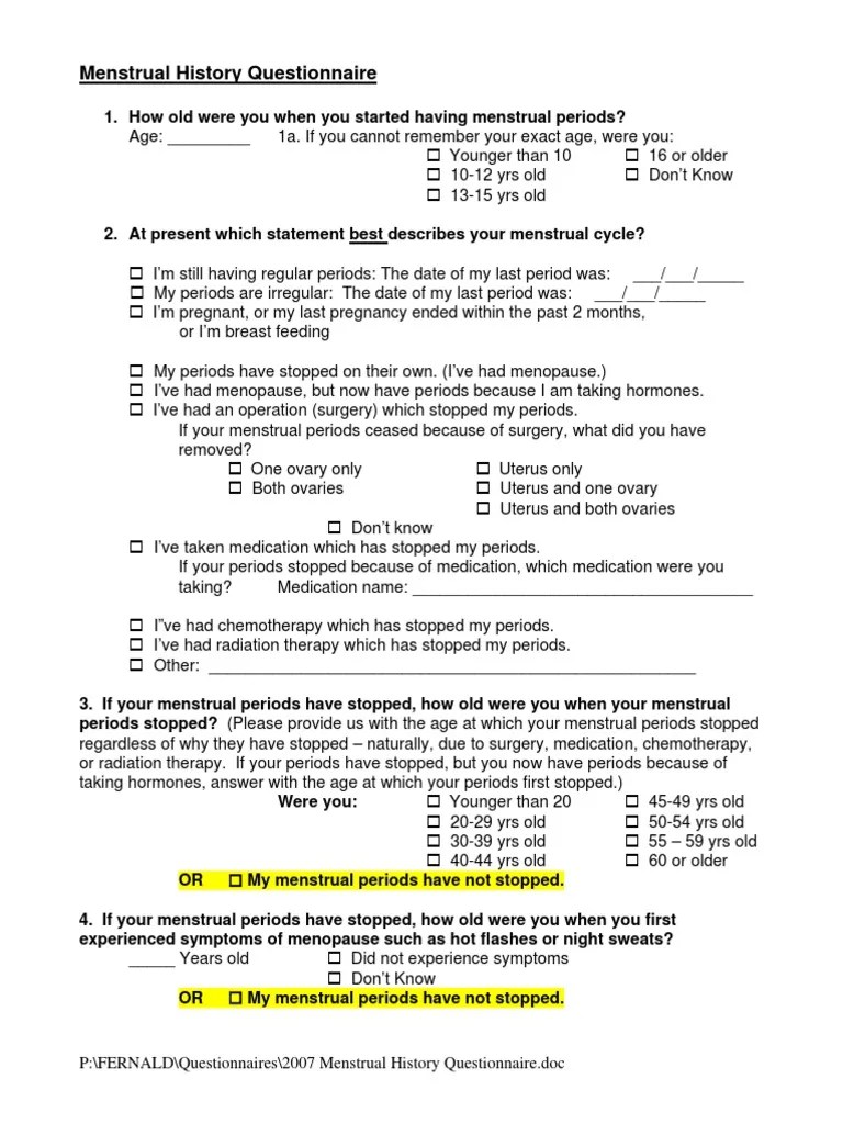 2007 Menstrual History Questionnaire Menstrual Cycle Menopause
