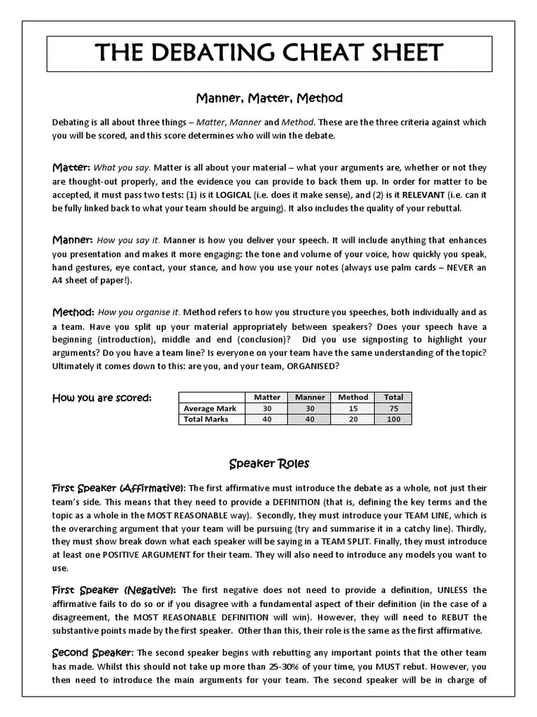 Debating Cheat Sheet Argument Truth