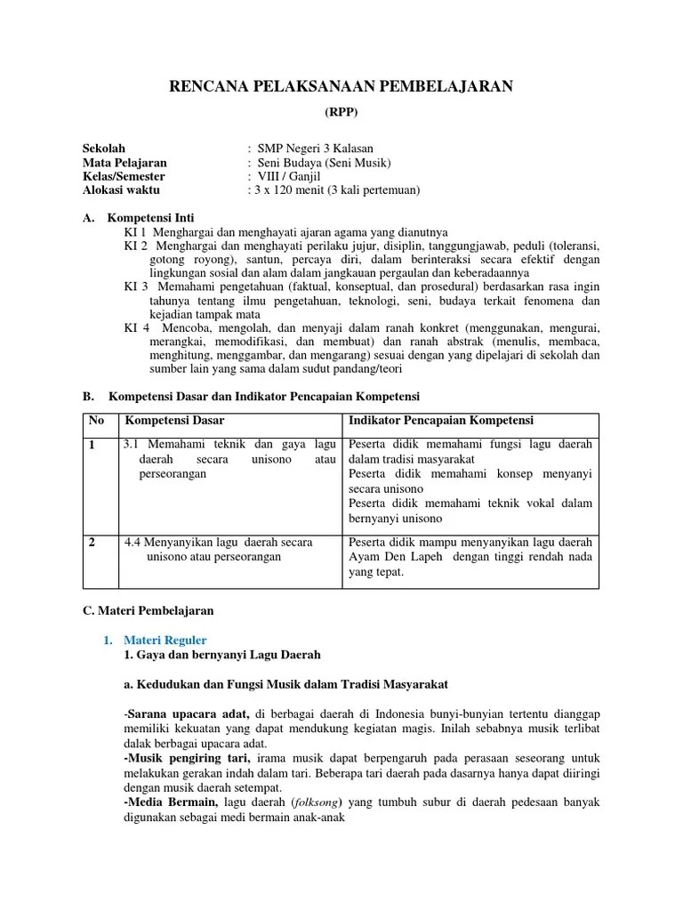 6.RPP Menyanyi Lagu Daerah Secara Unisono Kelas 8 | PDF