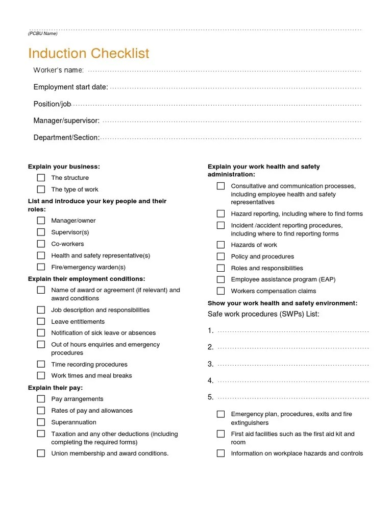 Induction Checklist Occupational Safety And Health Employee Relations