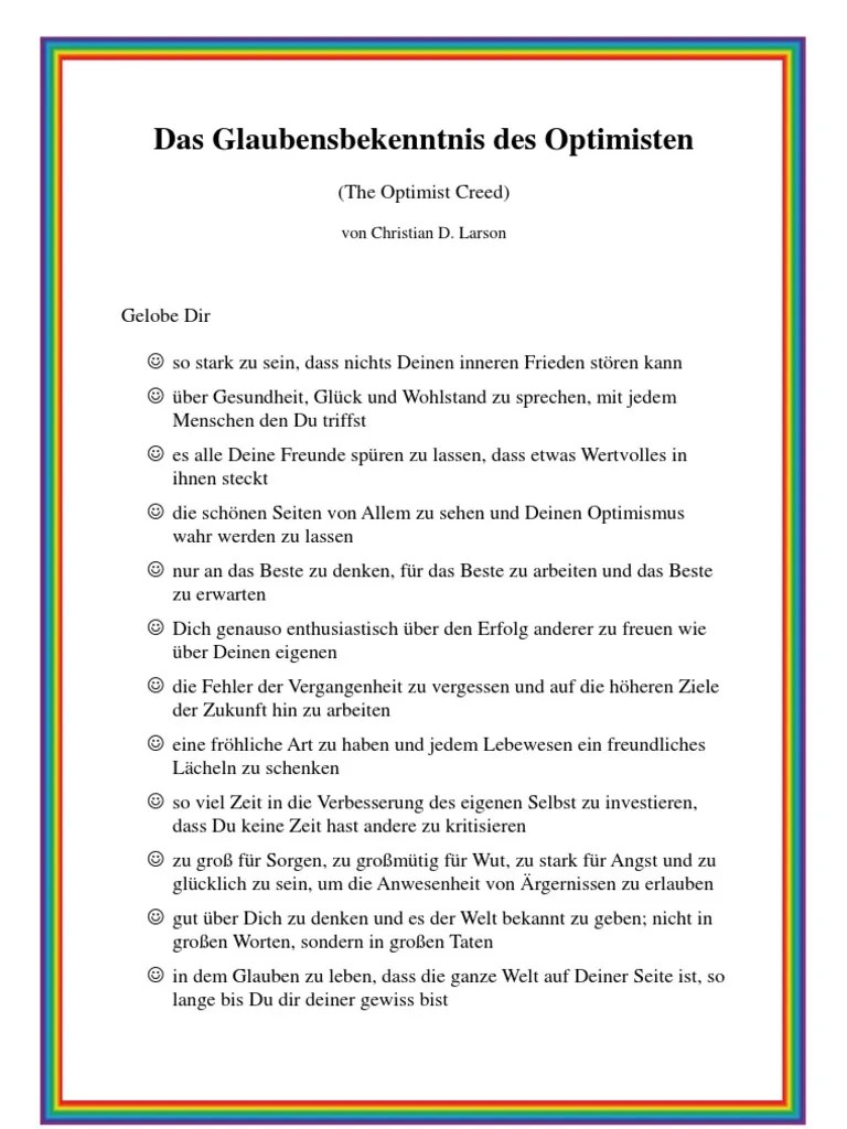 Optimismus Das Glaubensbekenntnis des Optimisten The Optimist Creed