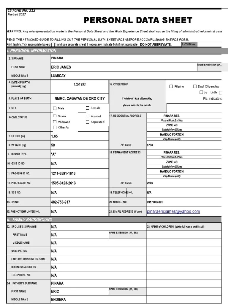 Personal Data Sheet Passport Government Information