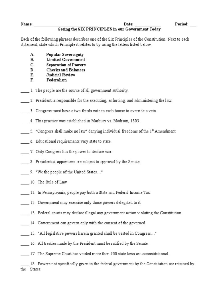 6 Basic Principles Worksheet Separation Of Powers United States