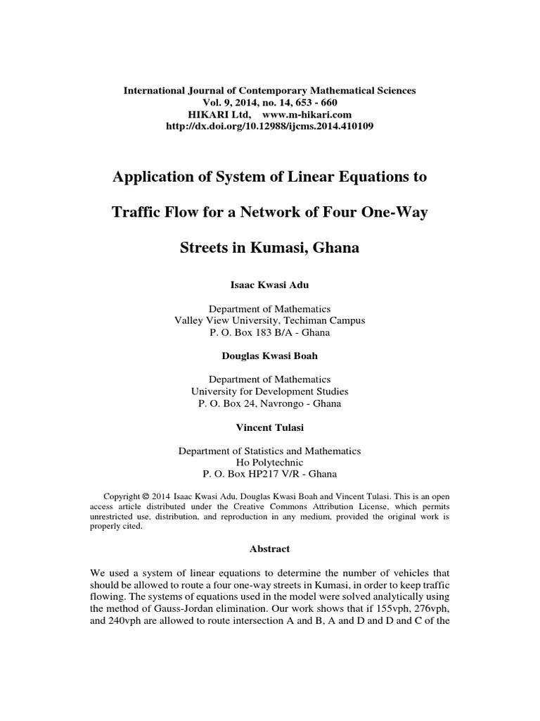Application of System of Linear Equations to Traffic Flow for a Network