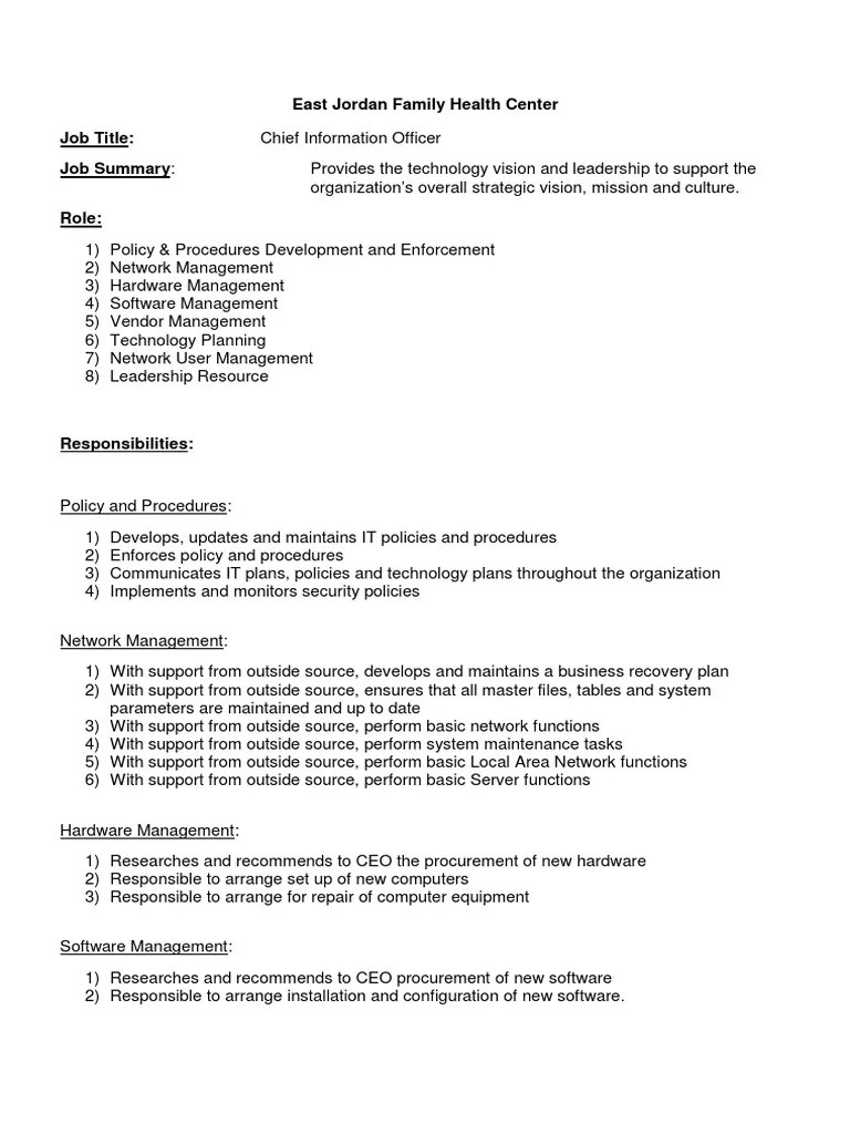 Chief Information Officer Job Description Chief Information Officer