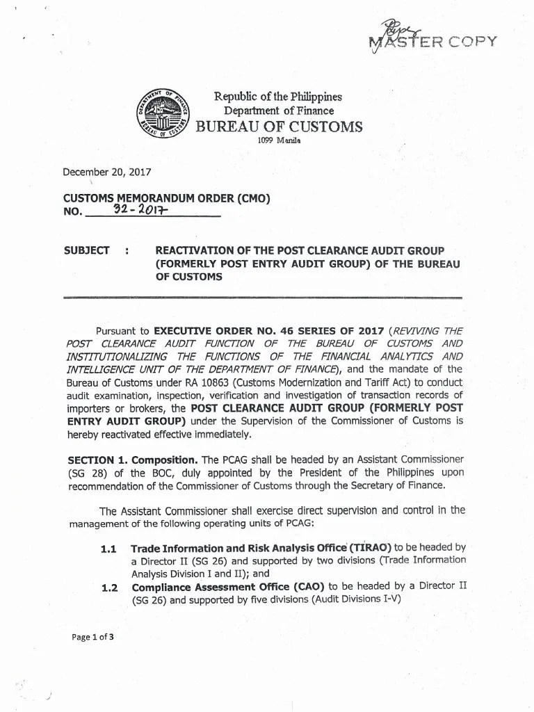 BOC CMO 322017 Reactivation of the Post Clearance Audit Group of the