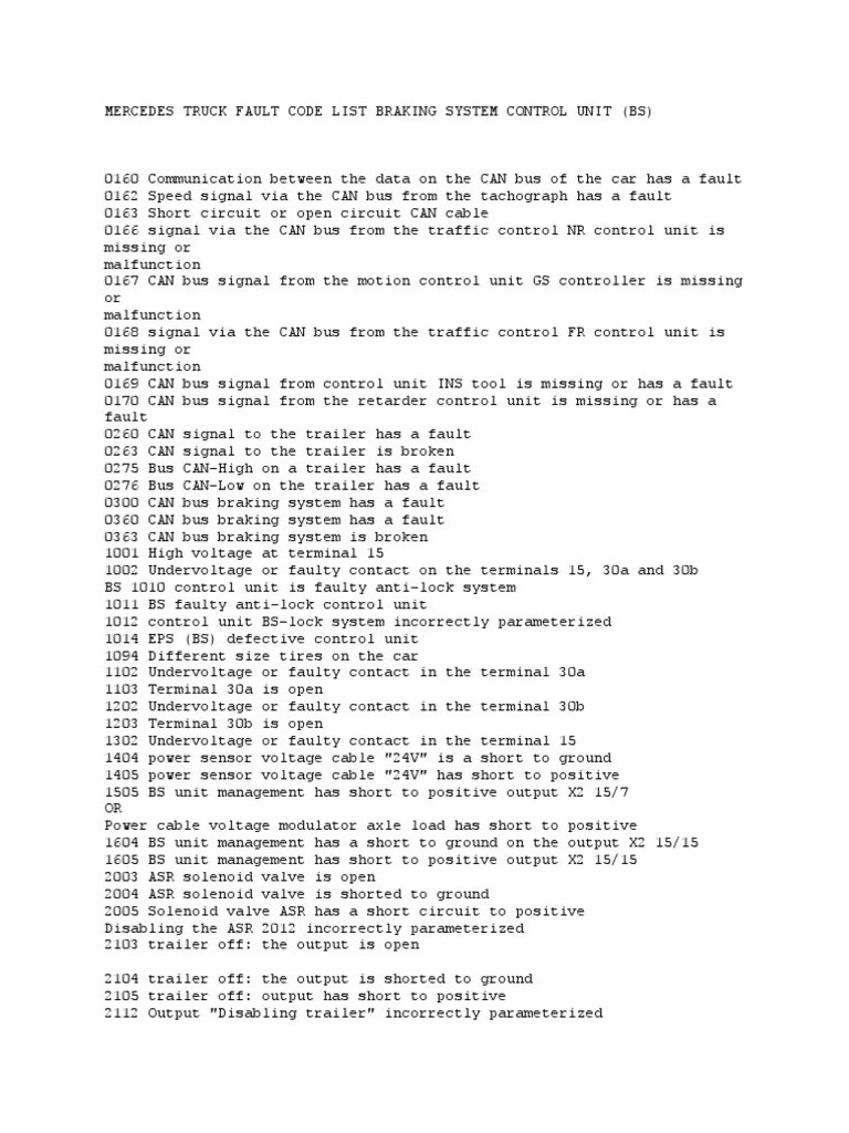 Mercedes Actros Atego Axor Fault Codes List 2 Relay Brake