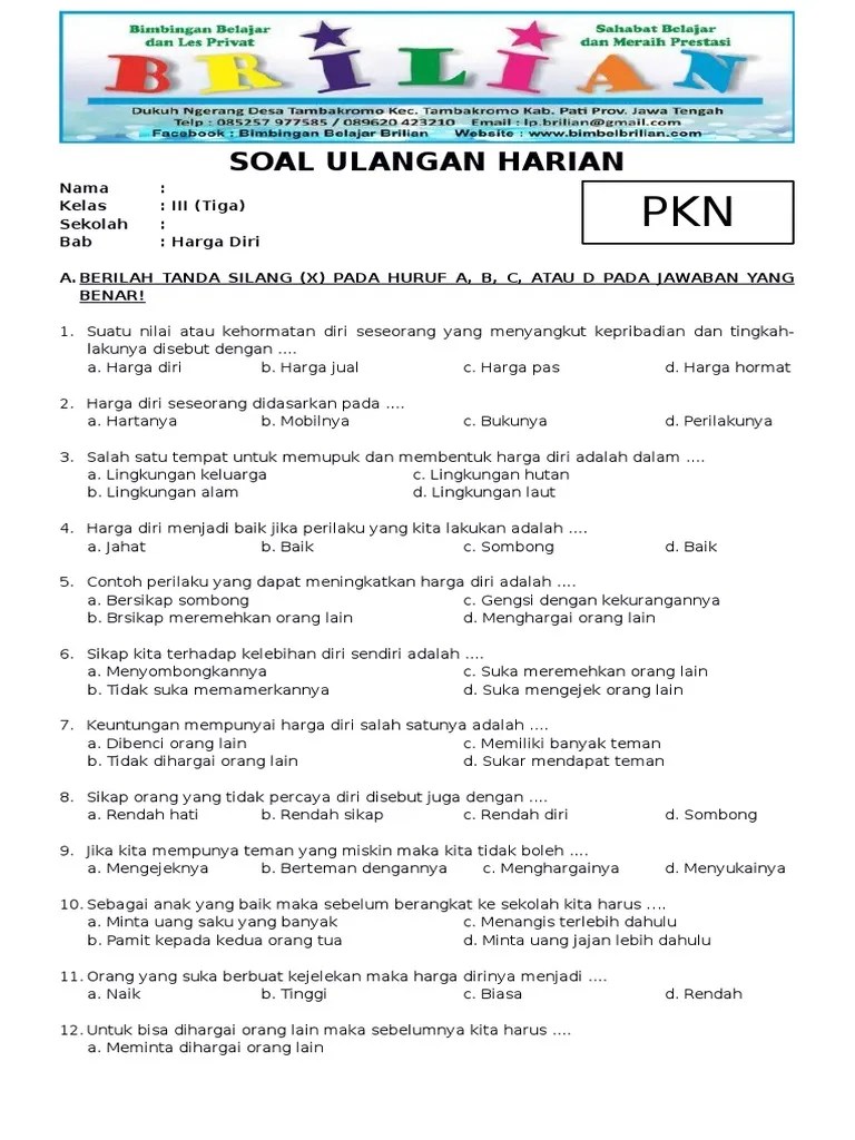 Soal PKN Kelas 3 SD Bab 3 Harga Diri Dan Kunci Jawabannya | PDF