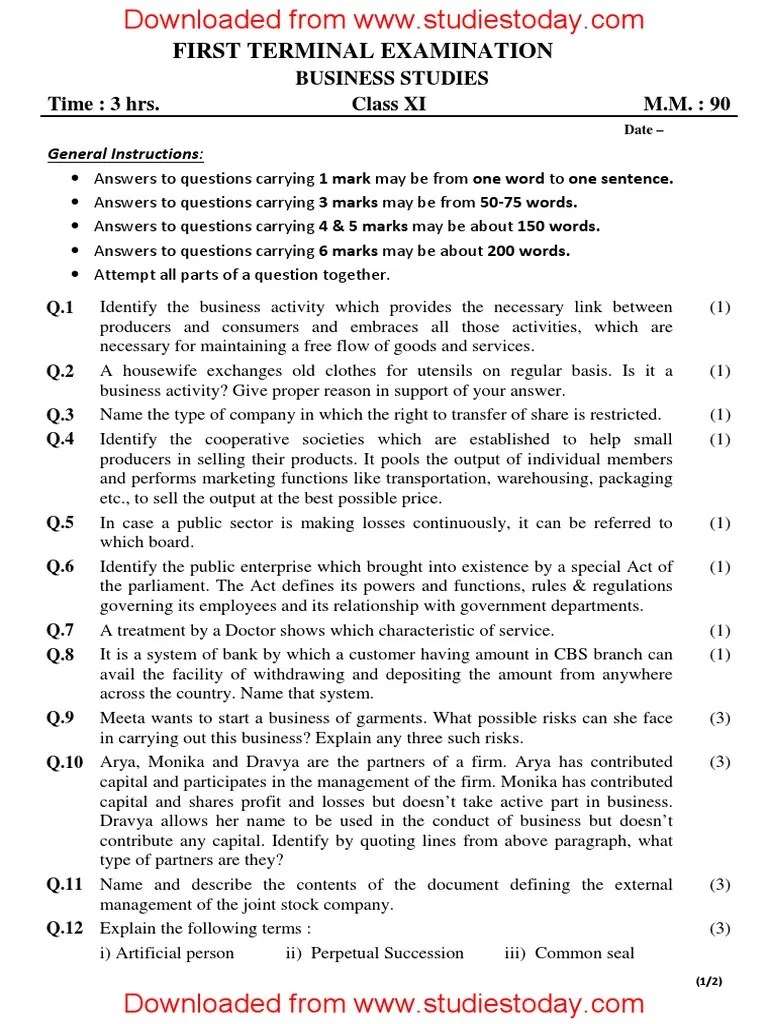 CBSE Class 11 Business Studies Sample Paper 2017 PDF Public Company