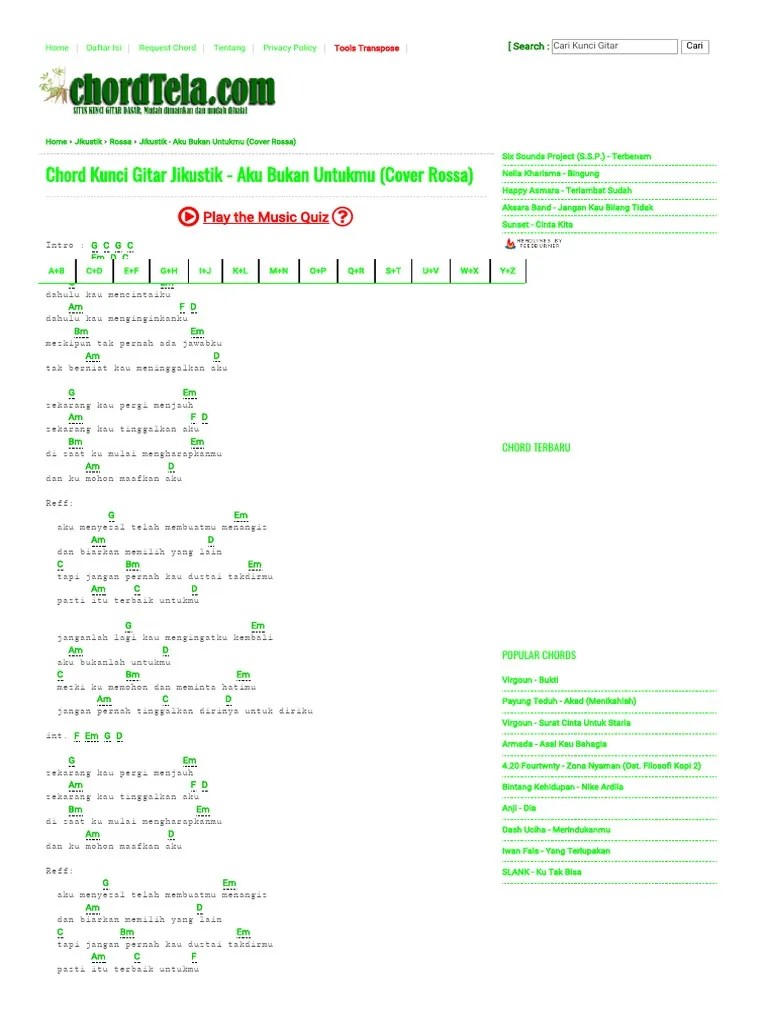 Kunci Gitar Jikustik Aku Bukan Untukmu (Cover Rossa) Chord Dasar