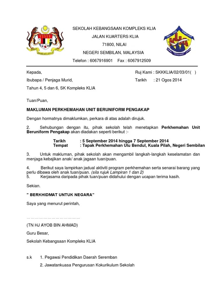 Contoh Surat Makluman Aktiviti Kokurikulum Kepada Ibu Bapa Word