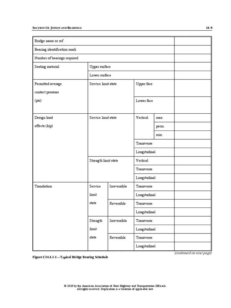 AASHTO LRFD Bridge Bearing Schedule Structural Load Bearing