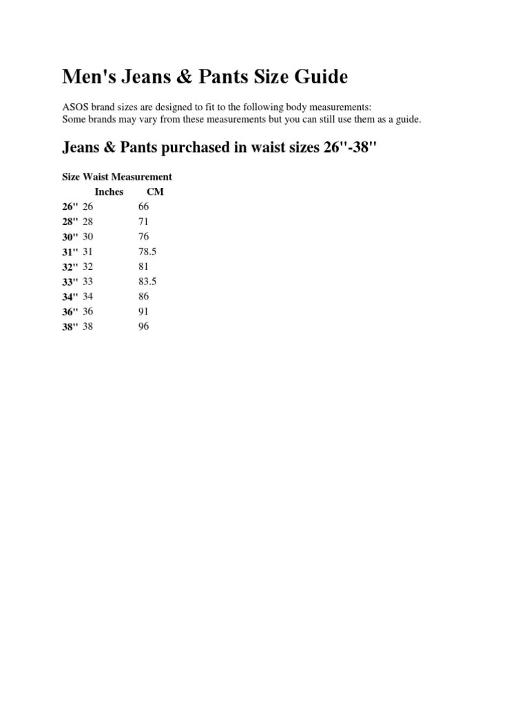 Men's Jeans & Pants Size Guide PDF