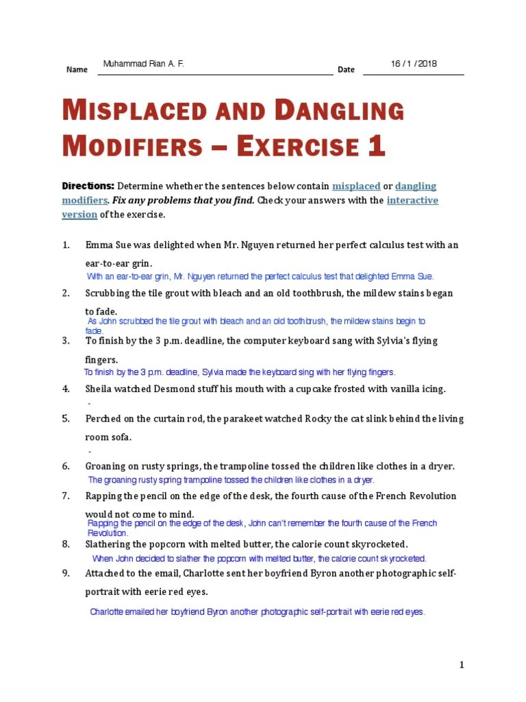 Misplaced Modifiers Worksheet With Answers