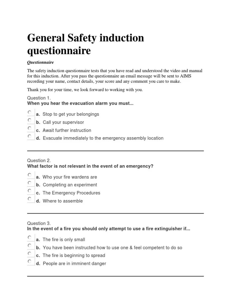 General Safety Induction Questionnaire PDF Safety Laboratories