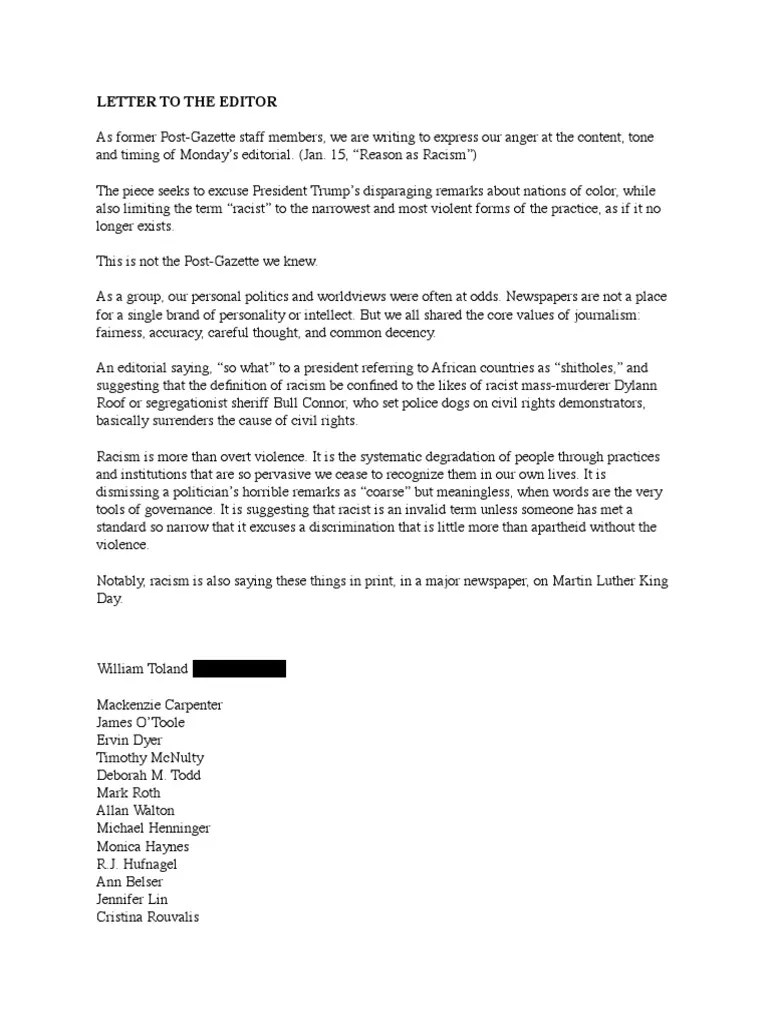 Letter to the PostGazette