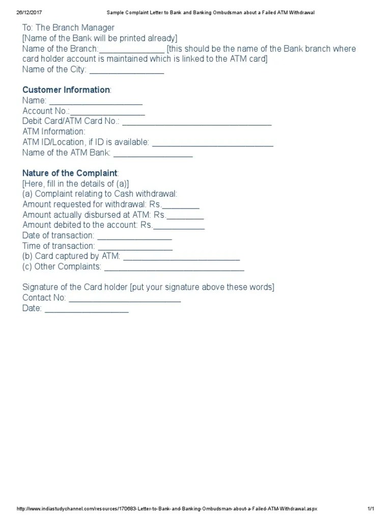 [View 22+] Formal Complaint Sample Complaint Letter To Banking Ombudsman