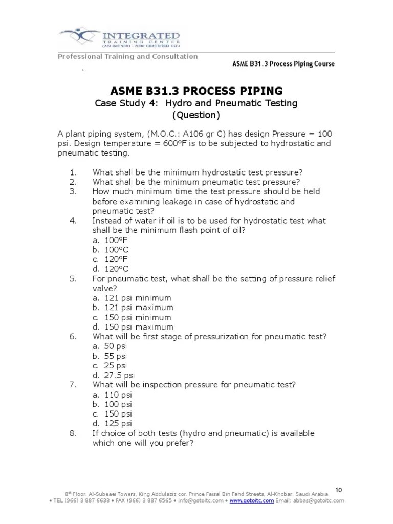 Determining Minimum Test Pressures and Procedures for Hydrostatic and