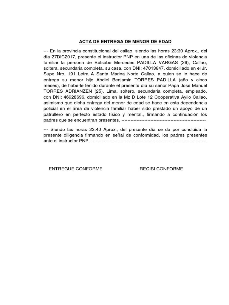 Acta de Entrega de Menor Business Conflicto armado