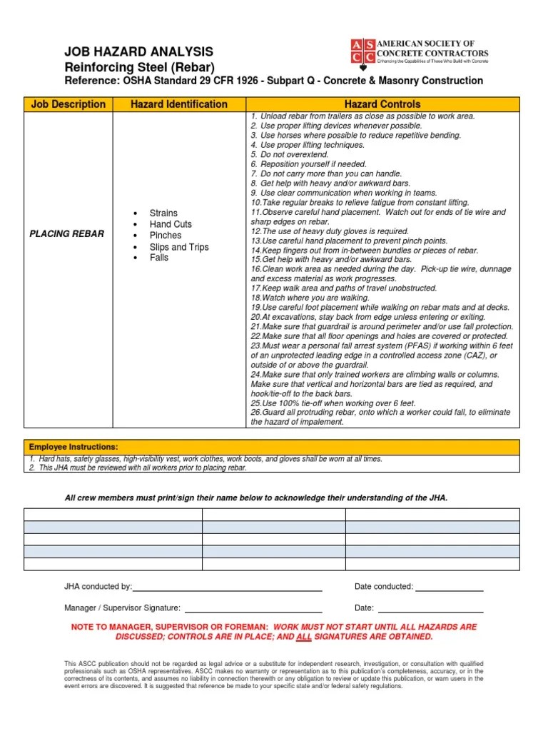 Job Hazard Analysis Reinforcing Steel (Rebar) Reference