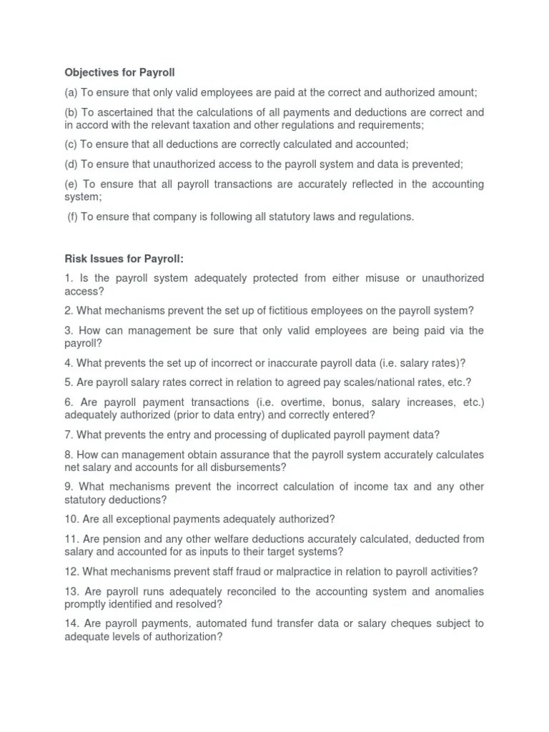 Objectives For Payroll Audit PDF Payroll Salary