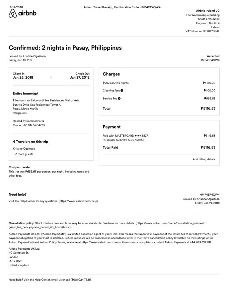 Airbnb Travel Receipt, Confirmation Code HMP4EP4QW4 Airbnb Payments