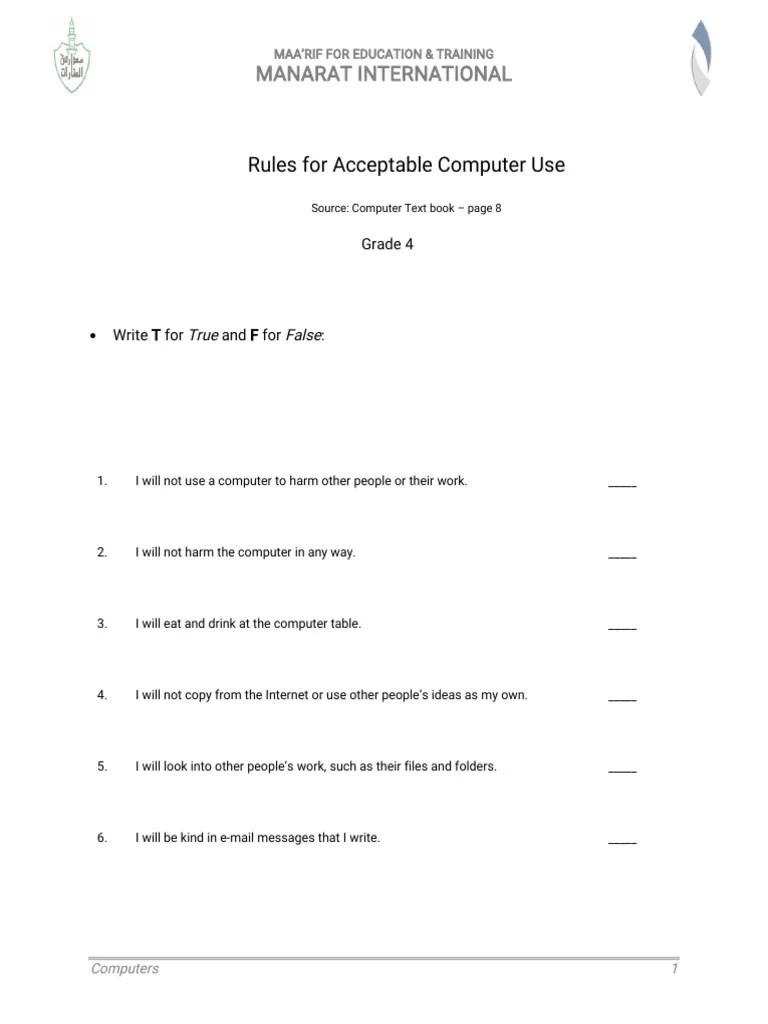 Computer Worksheet G4 Computer Rules PDF