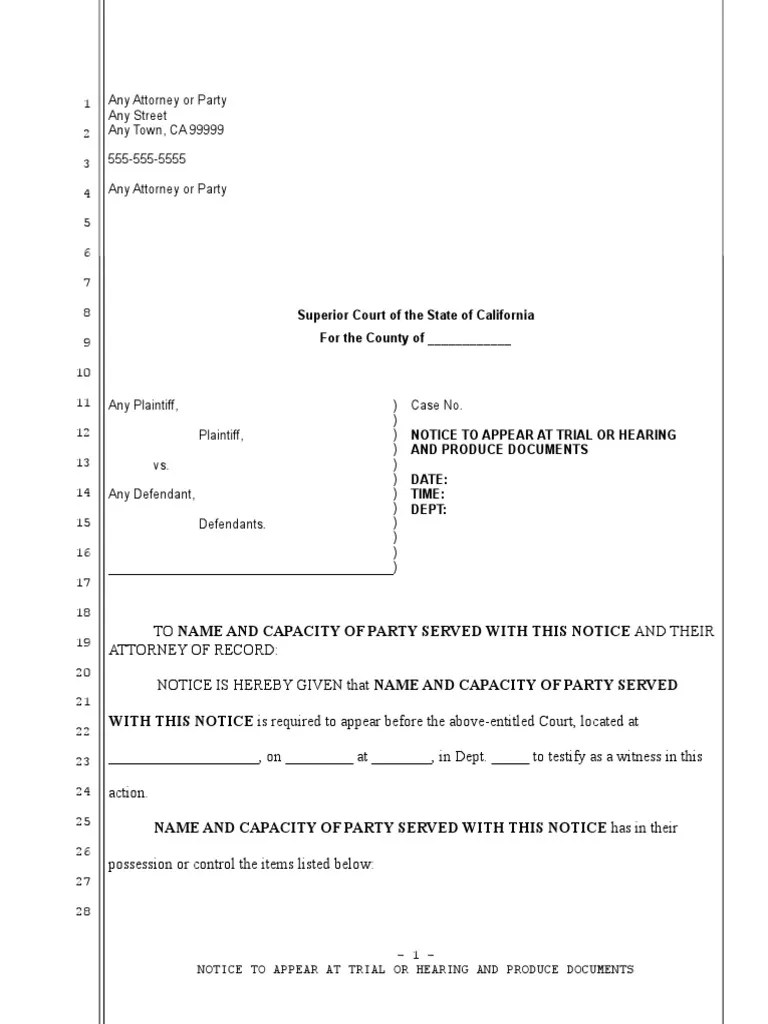 Sample Notice to Appear at Trial and Produce Documents for California