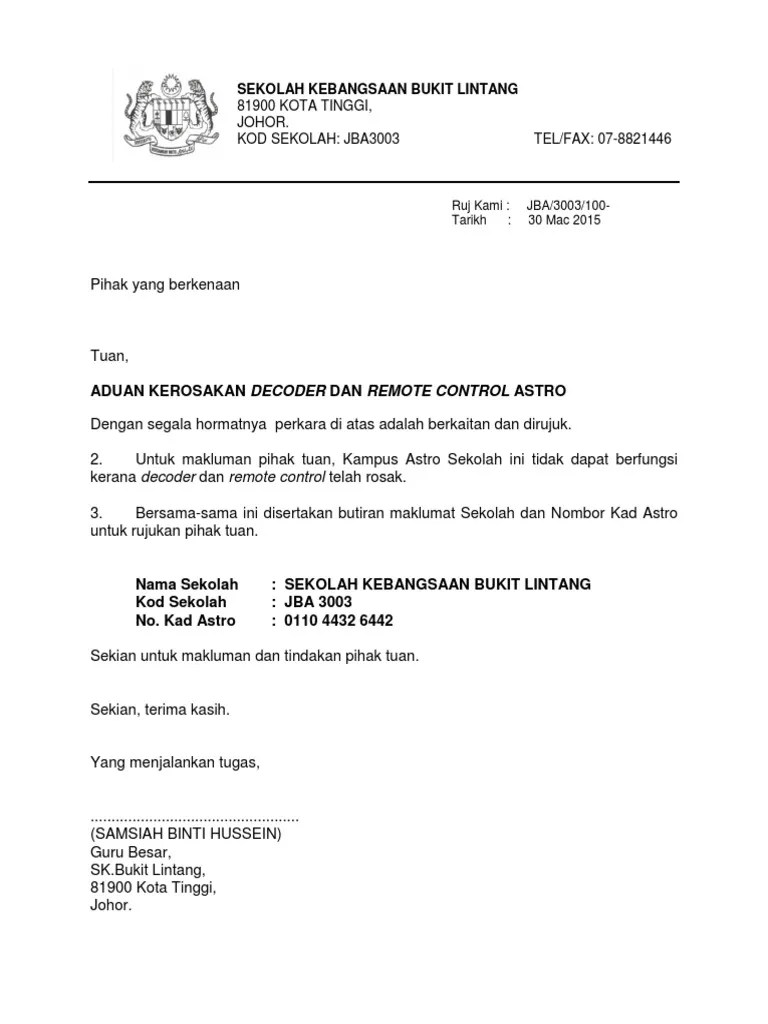 Surat Aduan Kerosakan Kampus Astro Sekolah PDF
