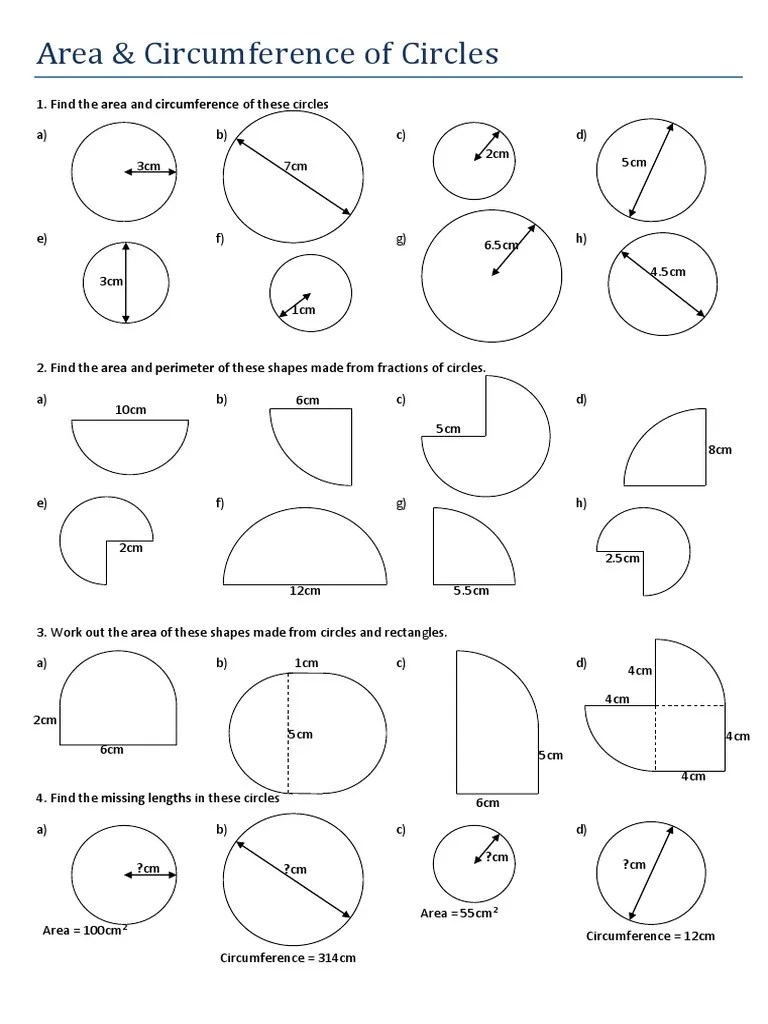 Area and Circumference Calculations for Various Circle Shapes PDF