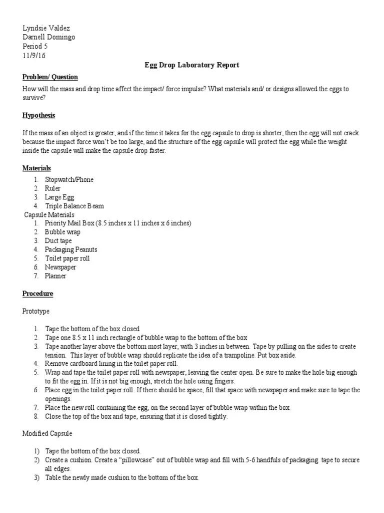 egg drop laboratory report outline impulse momentum Momentum Physics