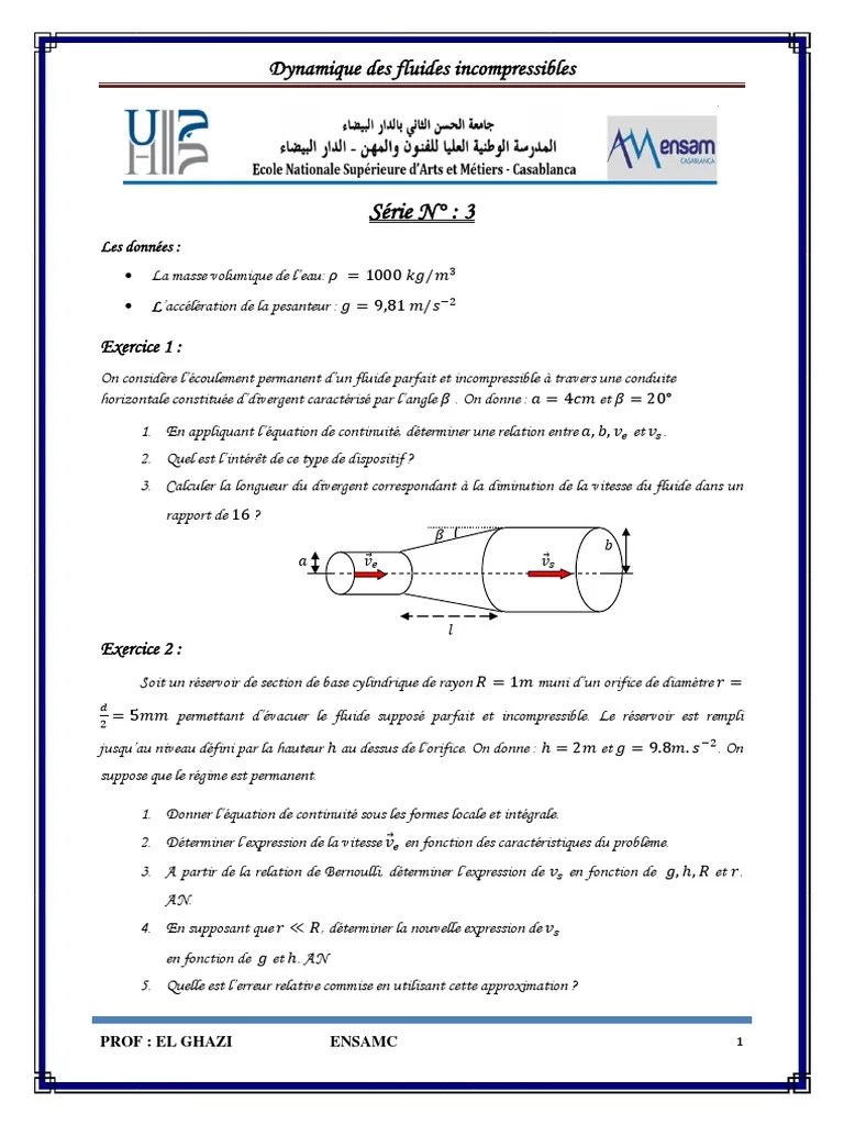 Dynamique Des Fluides Exercices Corriges Bernoulli