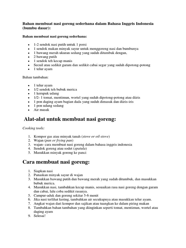 Bahan Alat Dan Cara Membuat Nasi Goreng Dalam Bahasa Inggris - Berbagai Alat