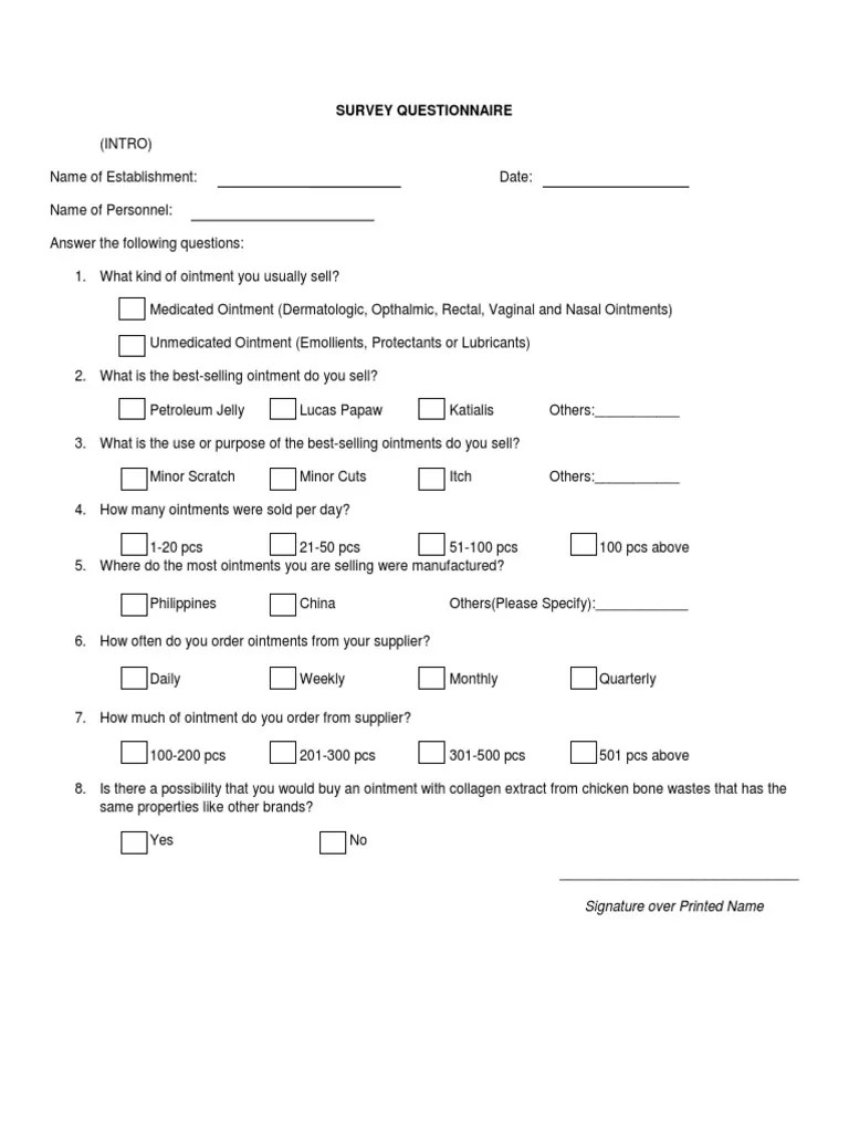 Survey questionnaire sample
