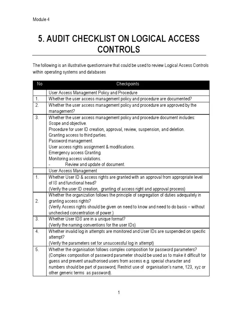 Audit Checklist on Logical Access Access Control Password