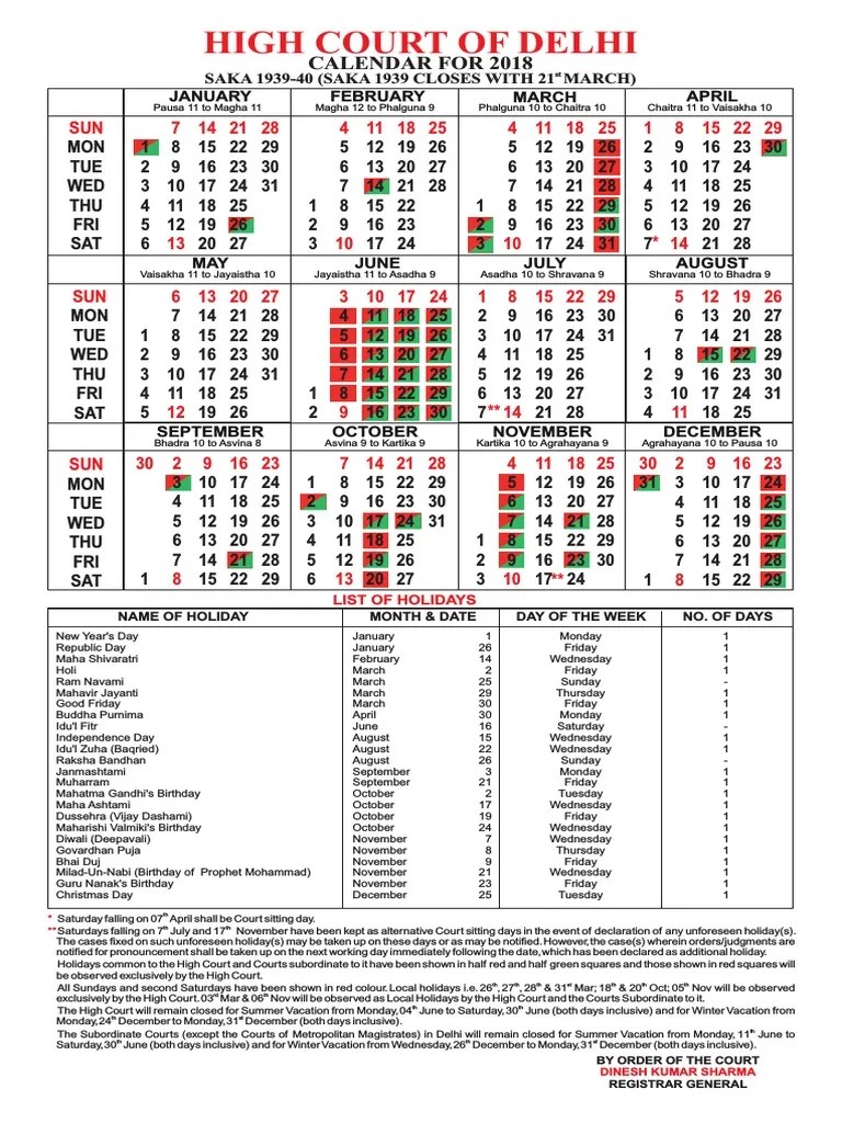 Delhi High Court Calendar, 2018 Public Holiday Festival