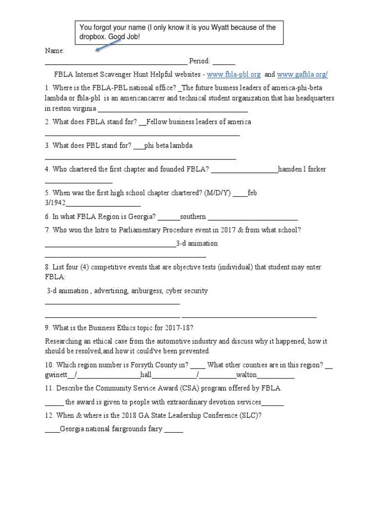 fbla scavenger hunt w zeigler Business