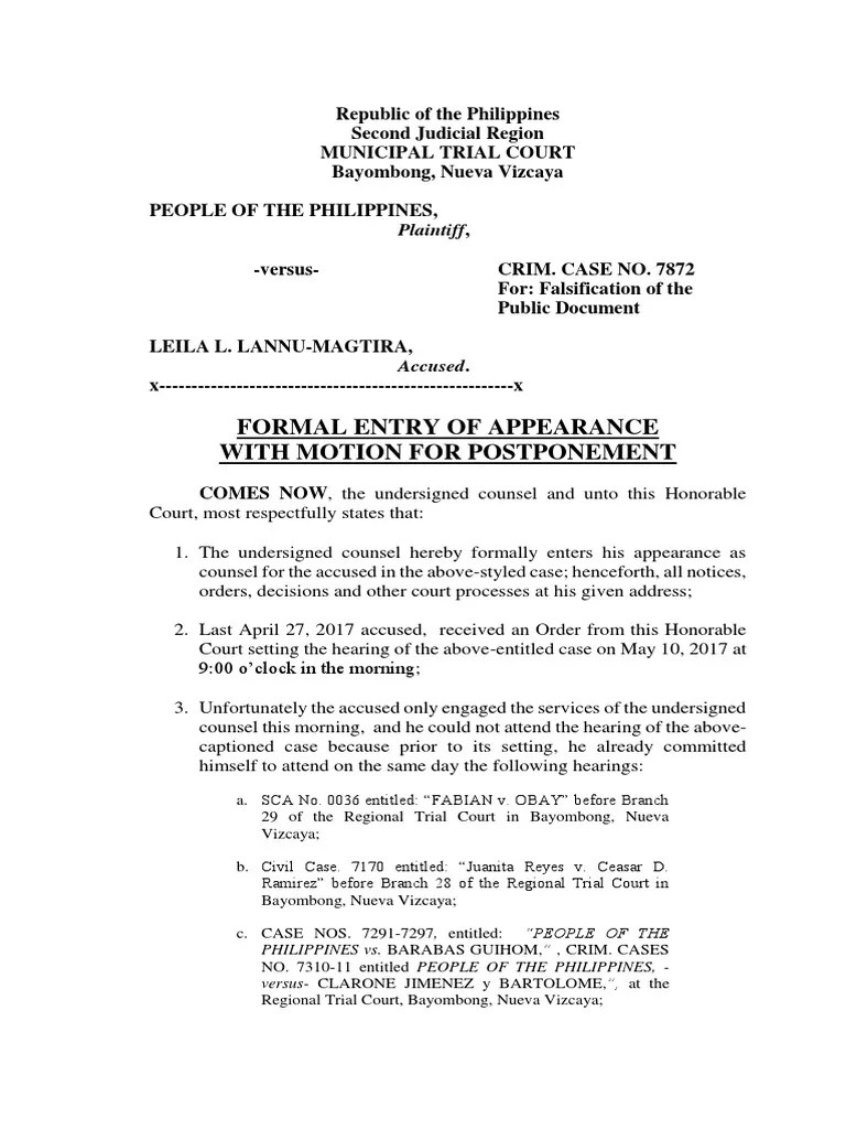 Formal Entry of Appearance With Motion for Postponement Courts