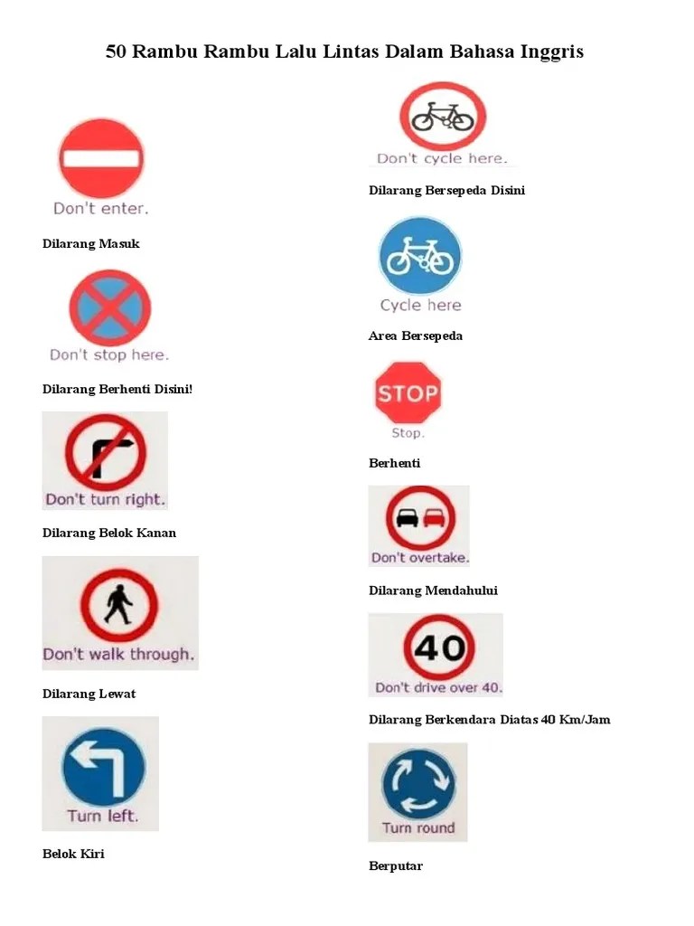 50 Rambu Rambu Lalu Lintas Dalam Bahasa Inggris