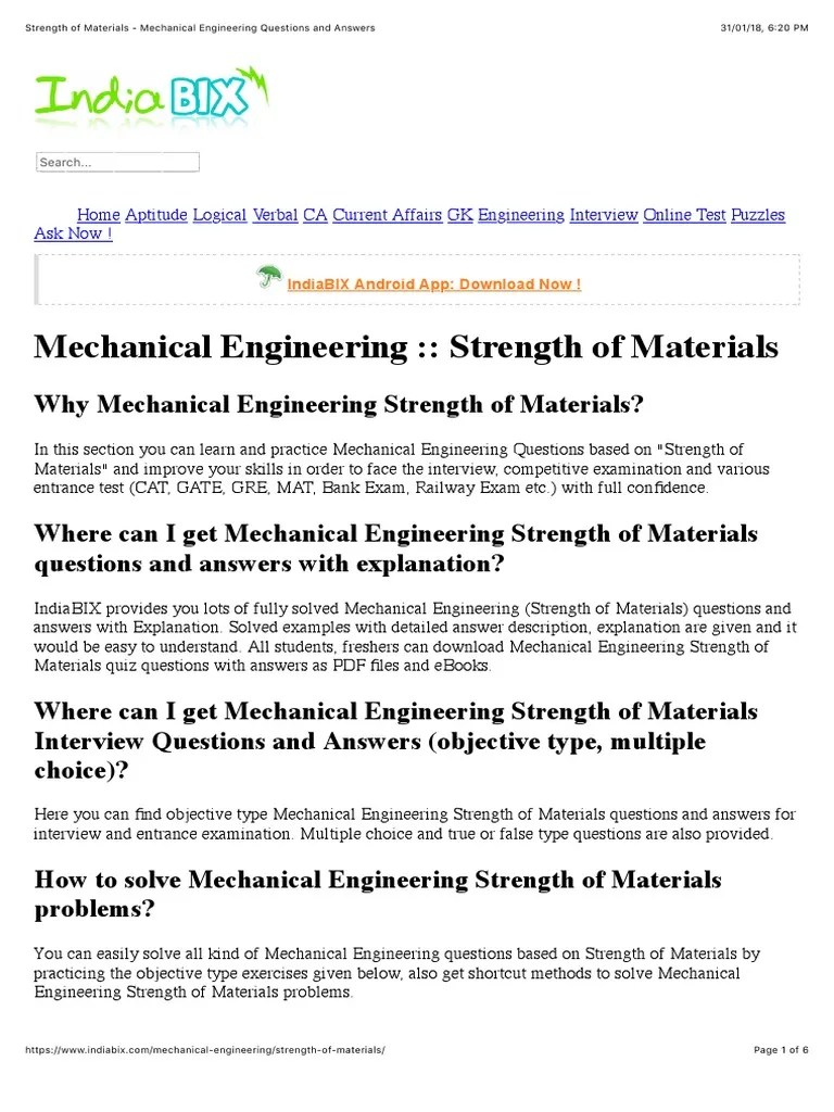 Strength of Materials Mechanical Engineering Questions and Answers