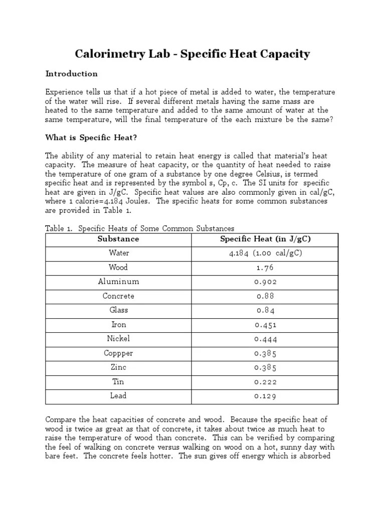 Calorimetry Lab Heat Capacity Heat