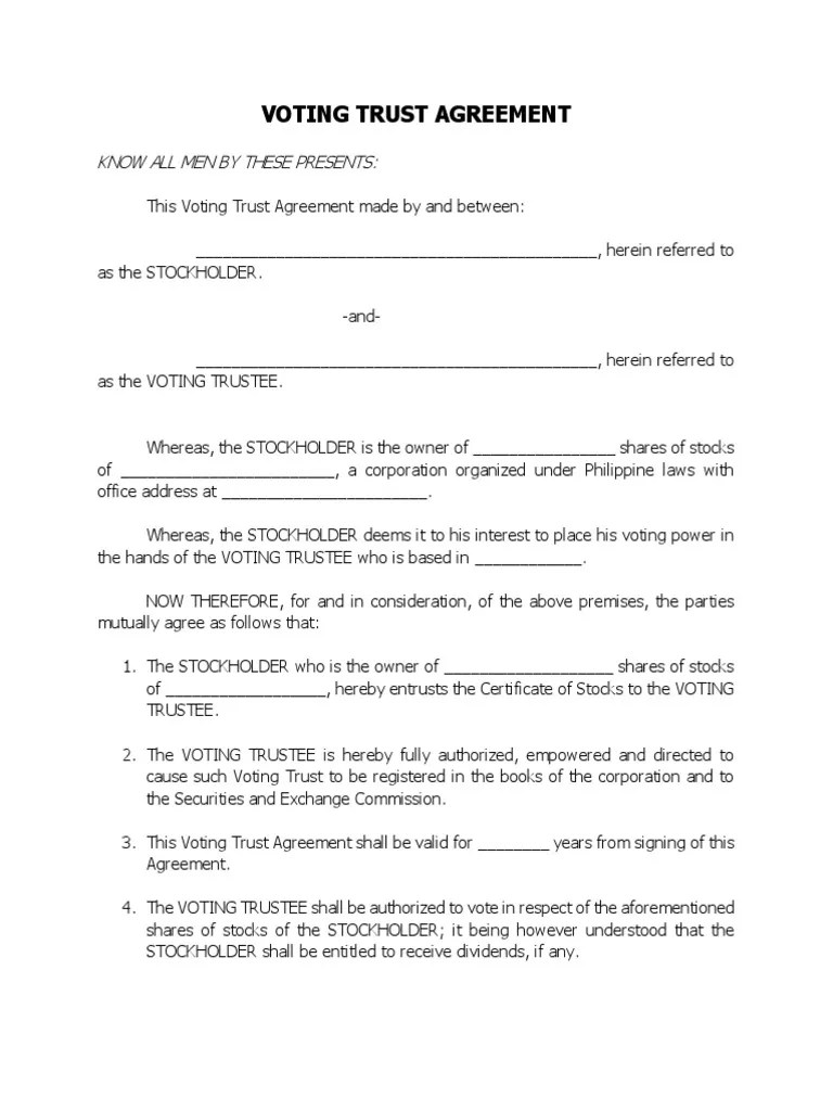 Voting Trust Agreement (Template) Trustee Corporations