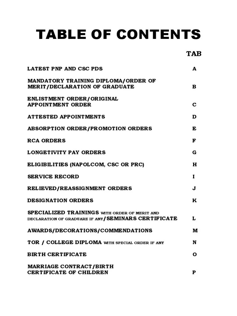 201 Table of Contents PDF