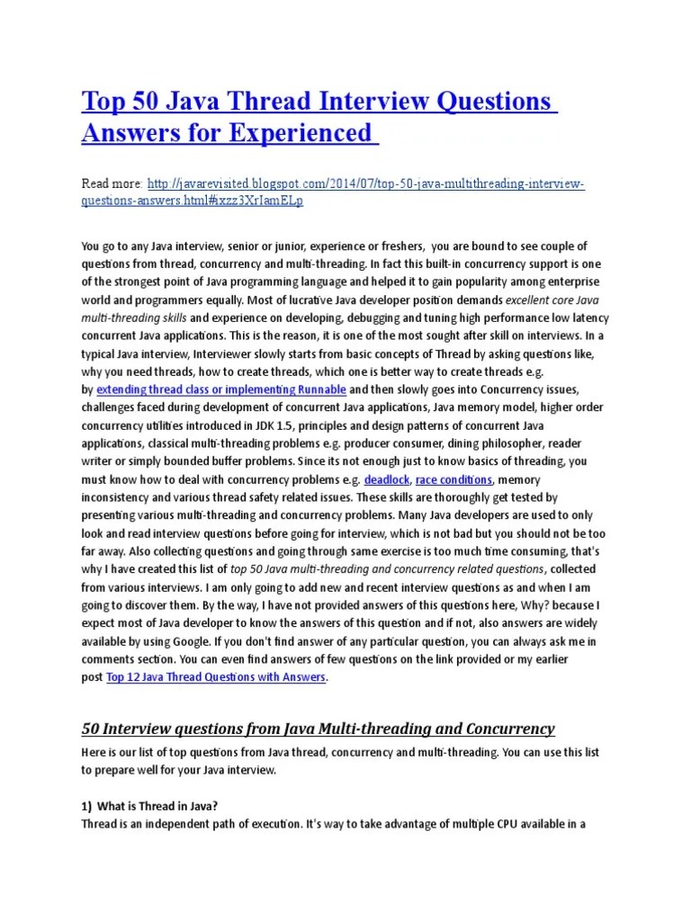 Top 50 Java Thread Interview Questions Answers For Experienced PDF Thread Java