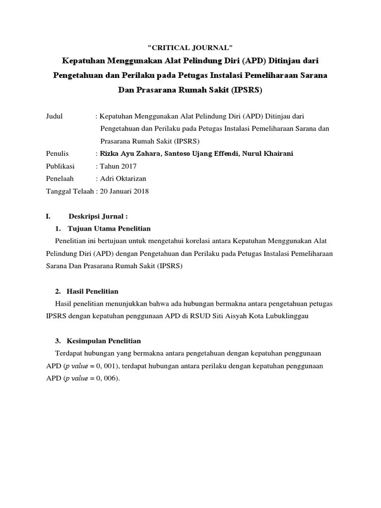 Jurnal Alat Pelindung Diri Di Rumah Sakit Berbagai Alat