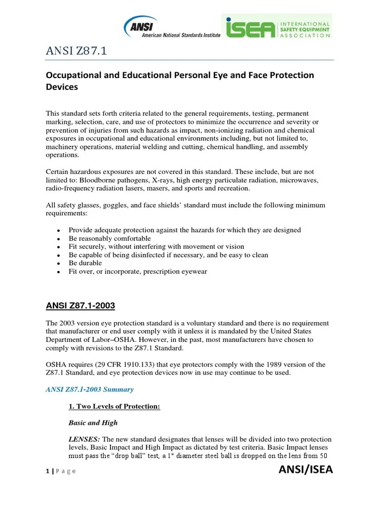 Ansi z87.1 PDF Glasses Personal Protective Equipment