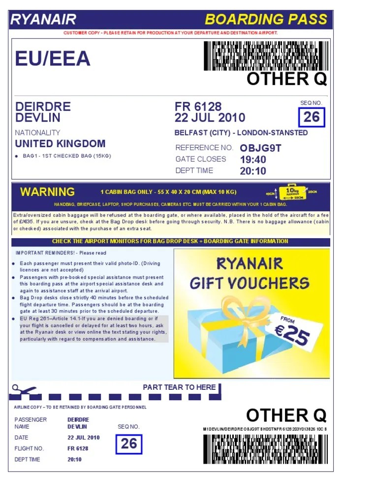 Ryanair Boarding Pass PDF Airport Baggage