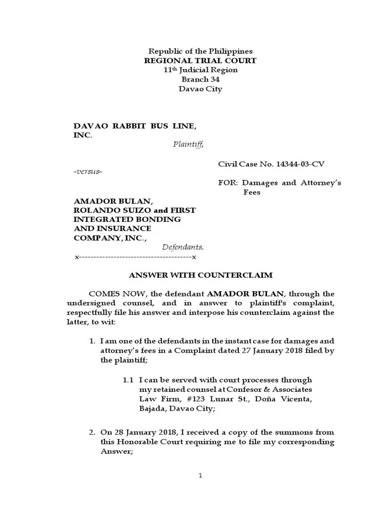 SAMPLE Answer With Counterclaim PDF Statute Of Limitations Negligence