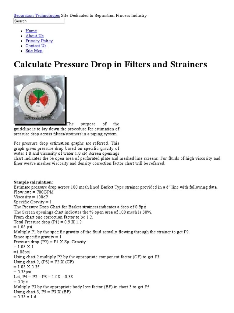 Calculate Pressure Drop in Filters and Strainers Separation