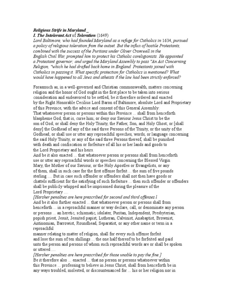 Maryland Act of Toleration PDF Toleration Abrahamic Religions